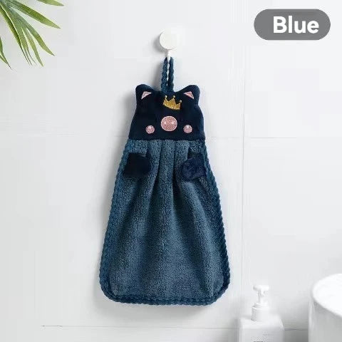Soft Coral Velvet Hanging Towel with Adorable Piggy Embroidery for Bathroom Kitchen Dishwashing Handkerchief Cloth