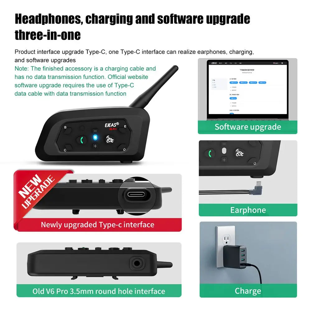 EJEAS V6 PRO +/PLUS Bluetooth Motorcycle Helmet Intercom Headset with 800M BT Interphone Communicator for 6 Riders Waterproof