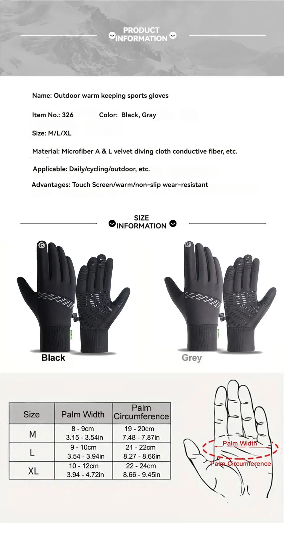 NOFOXO 1Pair Winter Thermal Bike Gloves Touch Screen Water Resistant Windproof Cycling Driving Hiking Skiing Running Men Women