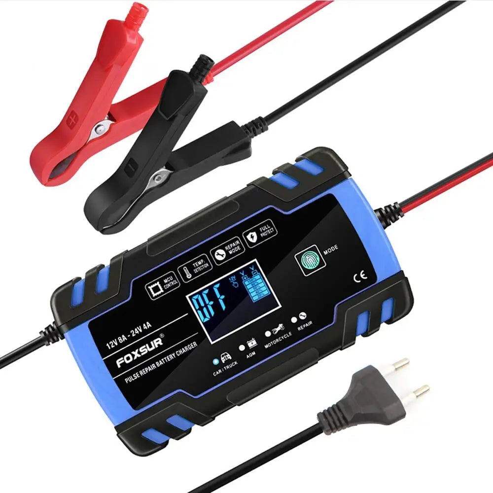 FOXSUR 12V/24V 8A Smart Battery Charger Automatic Start Fast Charger Use For Car Motorcycle Truck Deepcycle Wet Dry Lead Acid