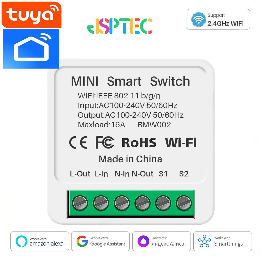 Tuya Mini 16A WiFi Switch Smart Life App 2 Way Control Smart Home Automation Module Interruptor Work for Alexa Google Home