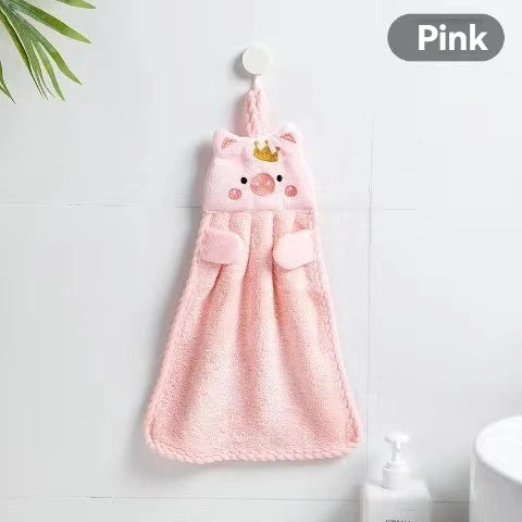 Soft Coral Velvet Hanging Towel with Adorable Piggy Embroidery for Bathroom Kitchen Dishwashing Handkerchief Cloth