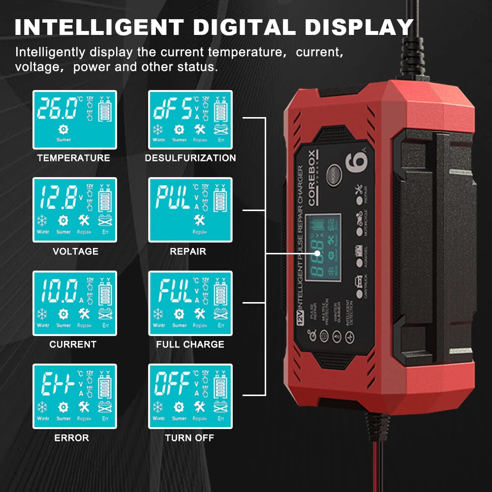 6A 12V Automotive Battery Charger Car and Motorcycle Battery Charging Devices Intelligent Maintenance of Lead Acid Battery