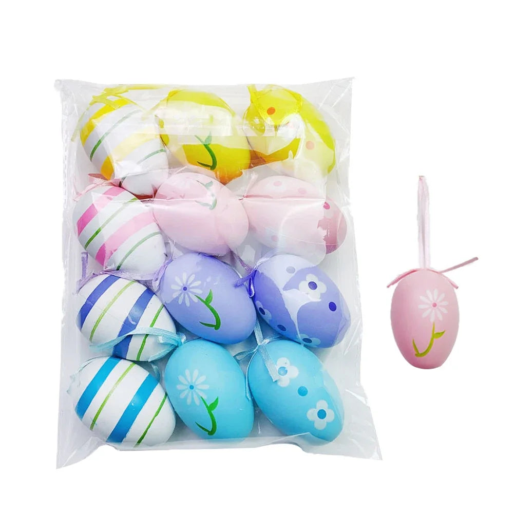 12Pcs Easter Egg Tree Pedant Foam Eggs Hanging Ornaments Easter Home Decoration 2024 Holiday Party Supplies Kids Gifts