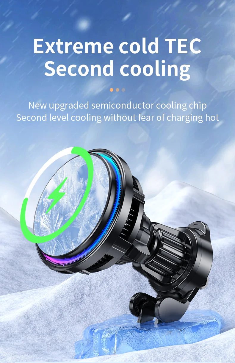 Ice Cooling RGB Magnetic Wireless Car Charger Fast Charging Station For Magsafe iPhone 16 15 14 13 12 Pro Max Phone Holder Stand