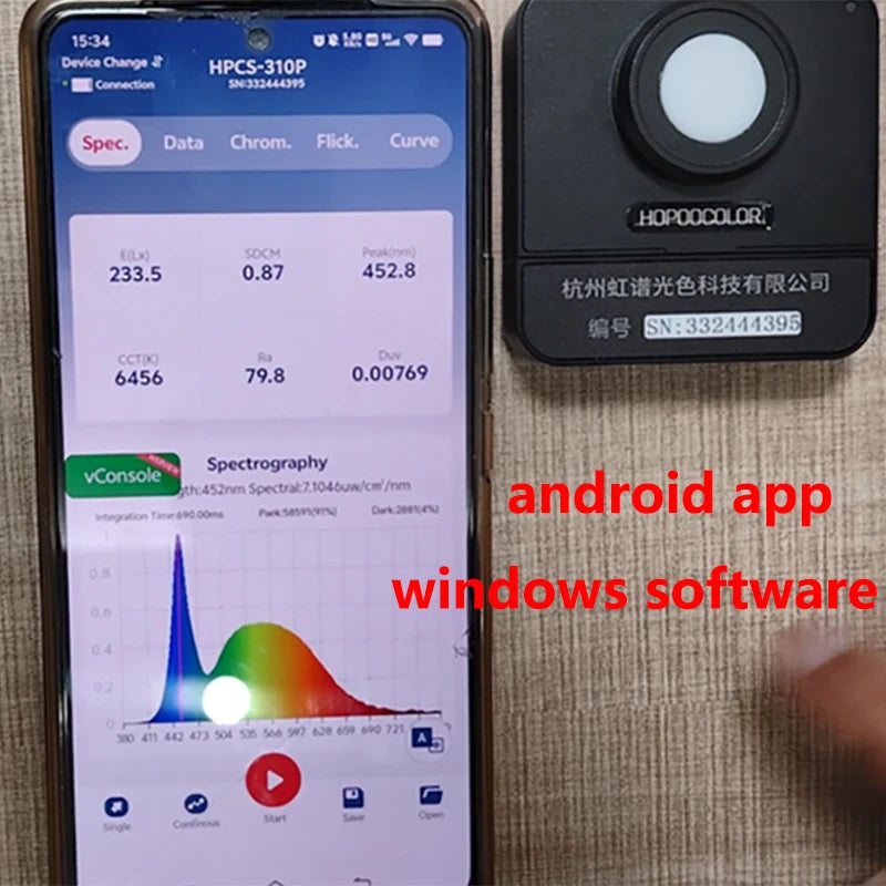 Hopoocolor Mini Spectrometer 350-800nm PPFD PAR Sensor also test spectrum flicker