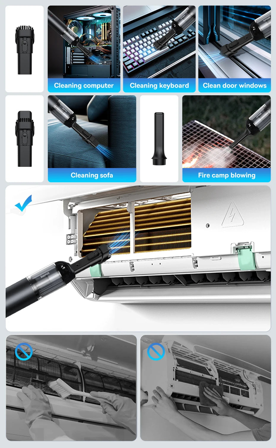 Baseus A3 15000Pa Car Vacuum Cleaner Wireless Cleaner Mini Portable Powerful Auto Vacuum Cleaner Air Blower W LED for Home Car