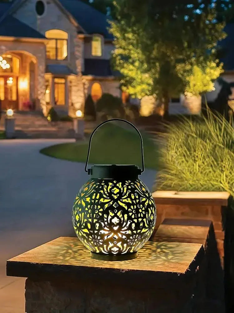 Outdoor Garden Landscape Decoration Solar Lights LED Metal Waterproof round Lantern Lights Hanging Hollow Projection Lights