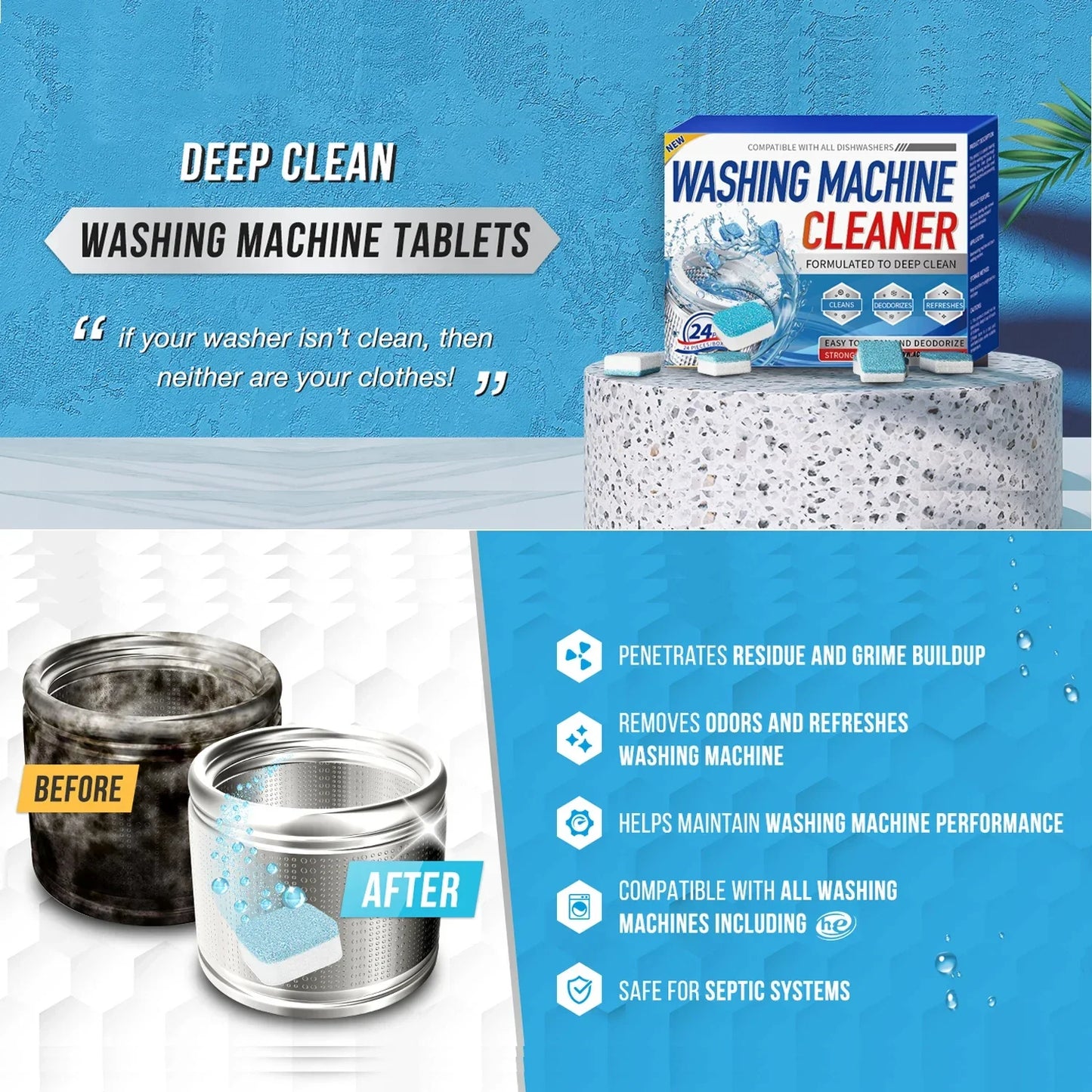 Washing Machine Cleaner Descaler Of 12/24pcs Pack-Deep Cleaning Tablets Odor Removing Tablets For Washer Laundry Supplies