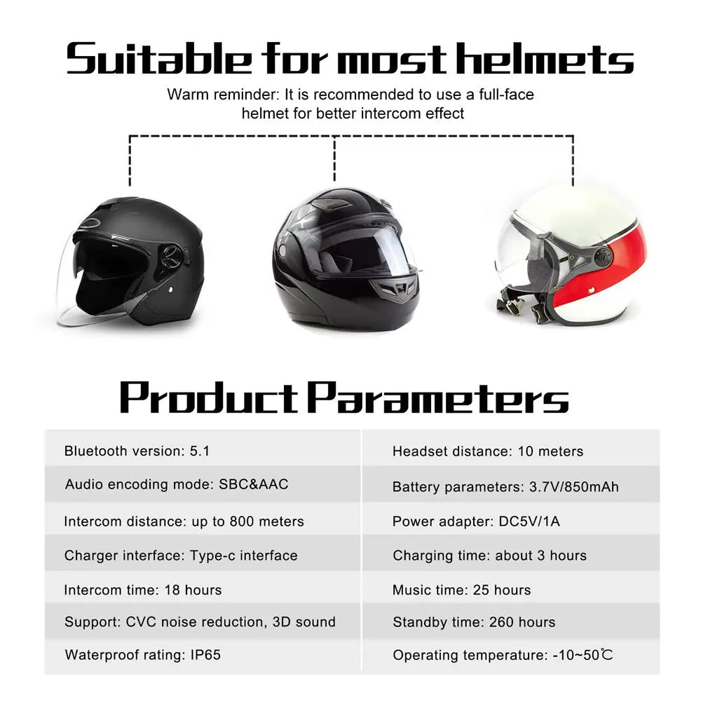 EJEAS V6 PRO+ Motorcycle Helmet Intercom Bluetooth Headset 6 Riders Communicator Waterproof V5.1 Music Player 800m Interphone