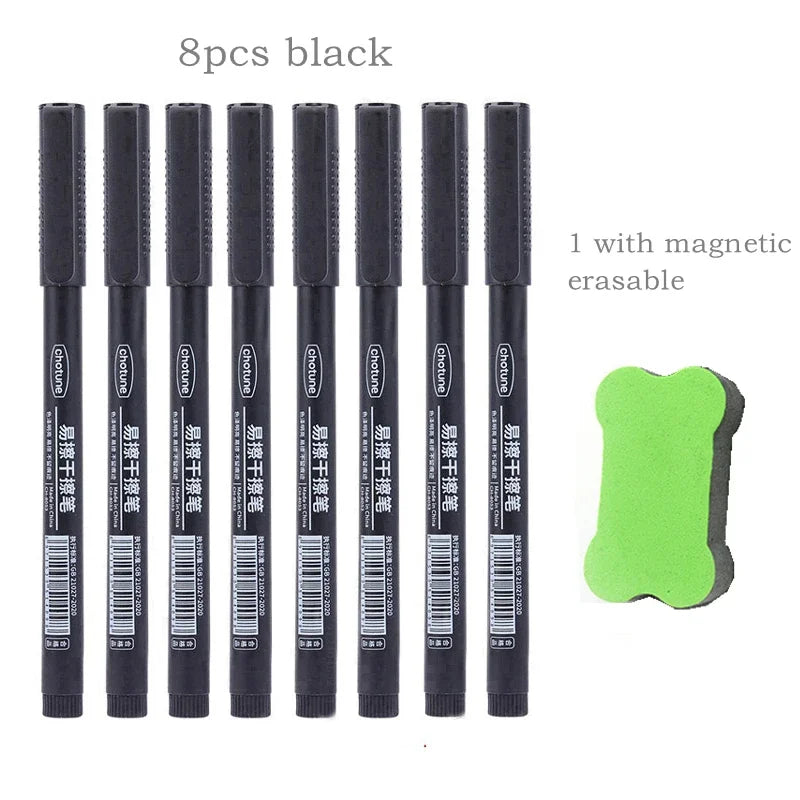 8pcs Erasable Whiteboard Pen 0.5mm Fine Point Black/Blue/Red Ink Blackboard Marker School Office Art Writing Stationery