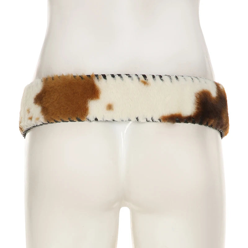 SUCHCUTE Vintage Faux Fur Patchwork Pu Leather Belt Punk Western Cowboy Accessories Y2K Women's Waistband Retro 2000s Decorative