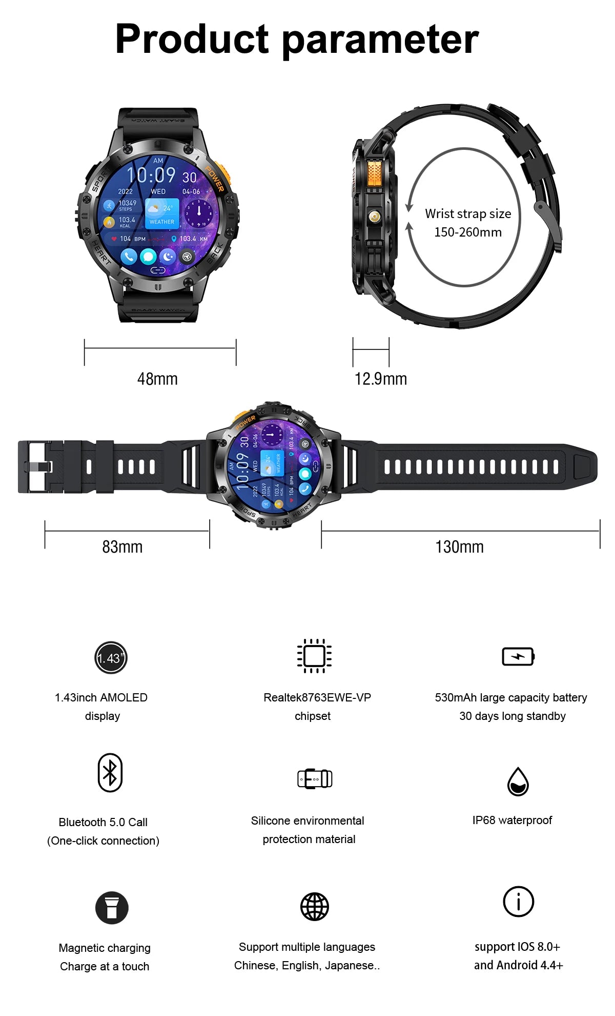 New Smart Watch Men Outdoor 530mAh Large Battery Bluetooth Call Sport Fitness Bracelet AMOLED Screen Flashlight Smartwatch