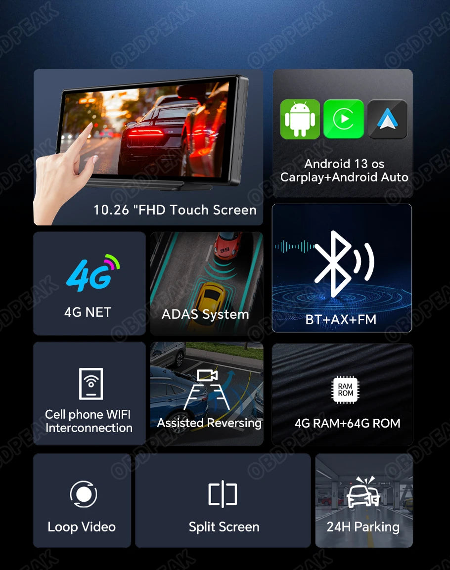 OBDPEAK K50 10.26'' Dashboard 4G+64G Android 13 AI Screen Dash Cam GPS Navigation Carplay Android AUTO Dual Lens Video Recorder