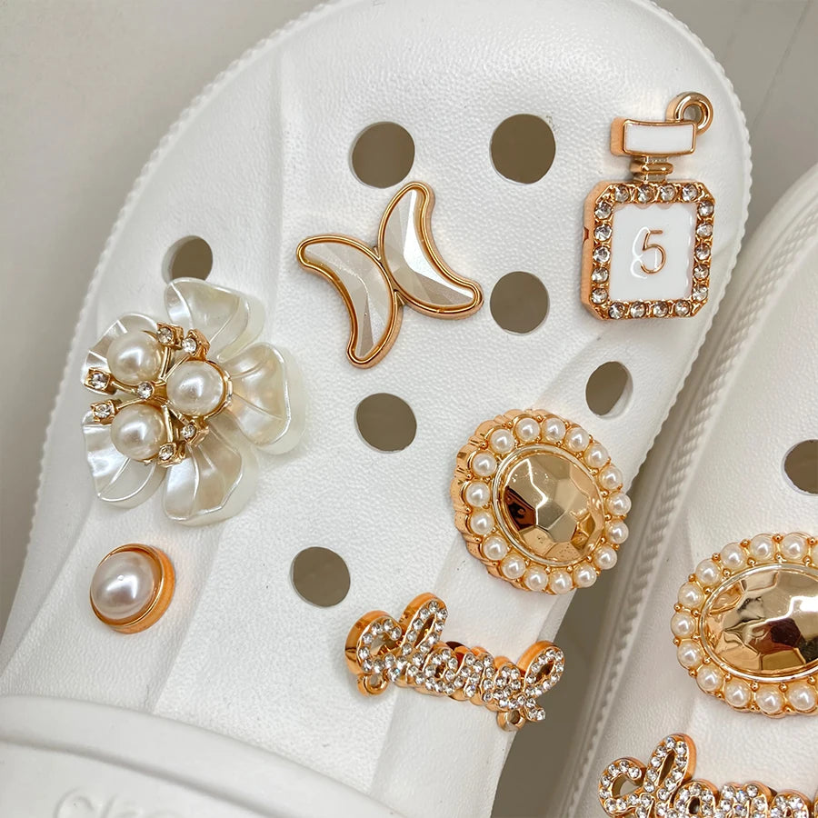 12pcs Gloden Shoe Charms 3D Flower Perfume Faux Pearl Shoe Buckle Decoration Suitable For Crocs Kids Party Gift
