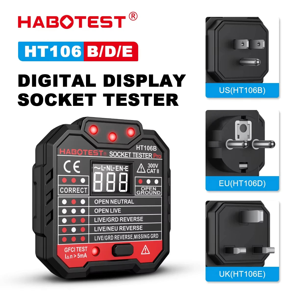 HABOTEST HT107 Socket Tester Pro Voltage Test RCD 5/30mA Socket Detector Ground Zero Line Plug Polarity Phase Check