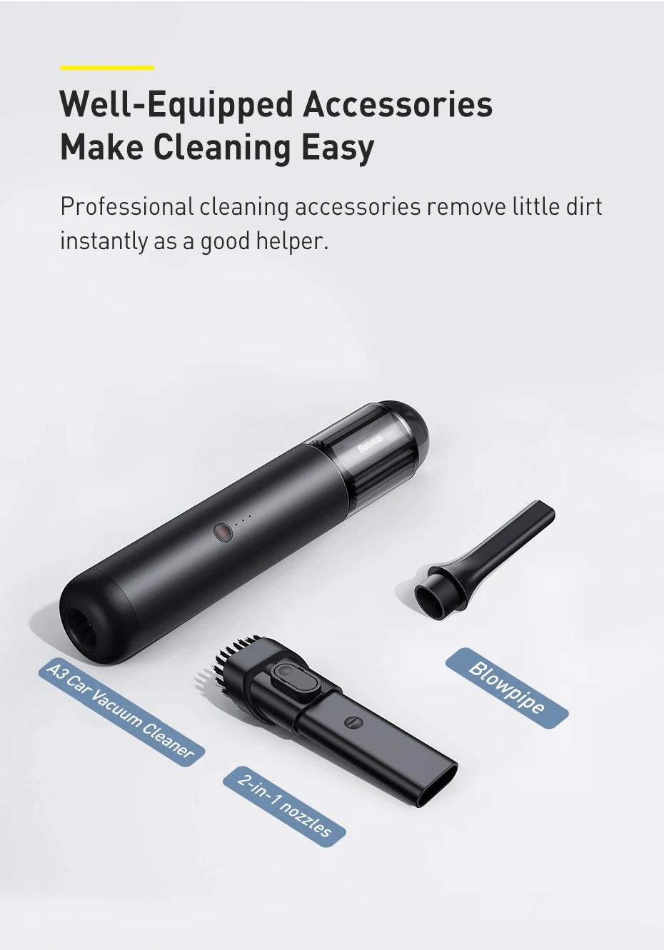 Baseus A3 15000Pa Car Vacuum Cleaner Wireless Cleaner Mini Portable Powerful Auto Vacuum Cleaner Air Blower W LED for Home Car
