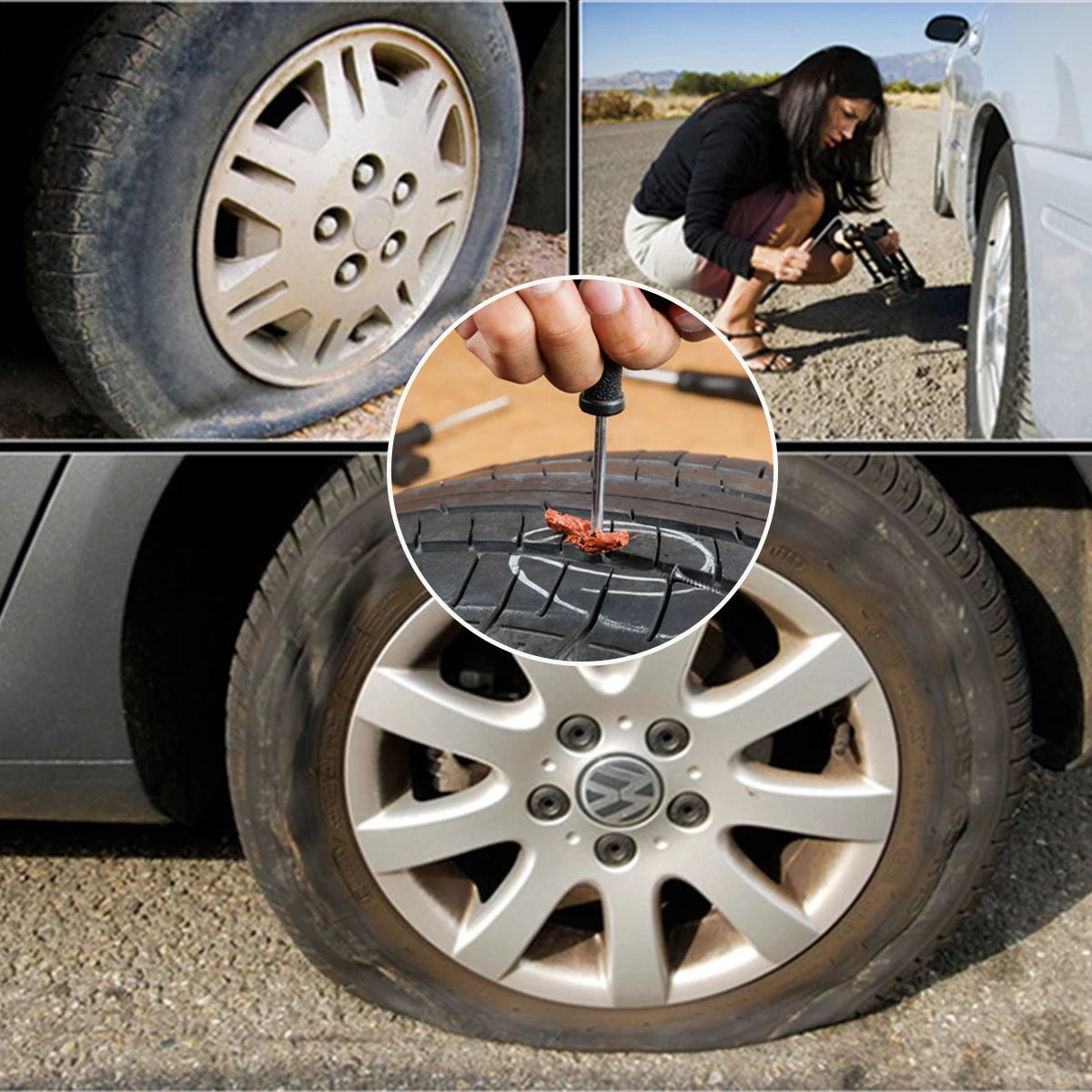 Car Tubeless Tire Repair Rubber Strips Strings Glue Kit For Trucks Motorcycle Bike Wheel Tyre Puncture Emergency Plugs Set