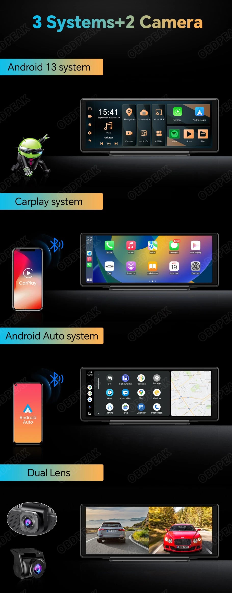 OBDPEAK K50 10.26'' Dashboard 4G+64G Android 13 AI Screen Dash Cam GPS Navigation Carplay Android AUTO Dual Lens Video Recorder