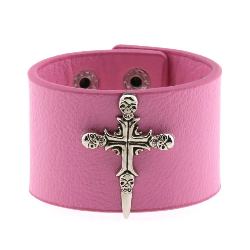 Pink Color Female Wide Leather Bracelets Punk Braided Bracelet for Men Women Wristband Charm Bracelets Male Gothic Jewelry