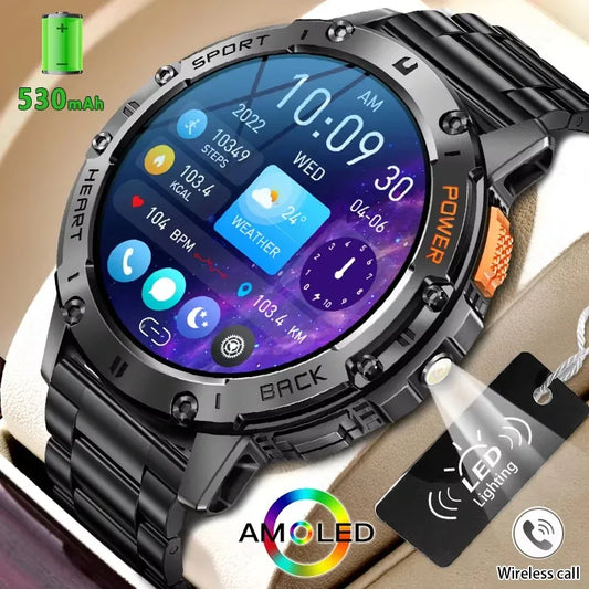 New Smart Watch Men Outdoor 530mAh Large Battery Bluetooth Call Sport Fitness Bracelet AMOLED Screen Flashlight Smartwatch