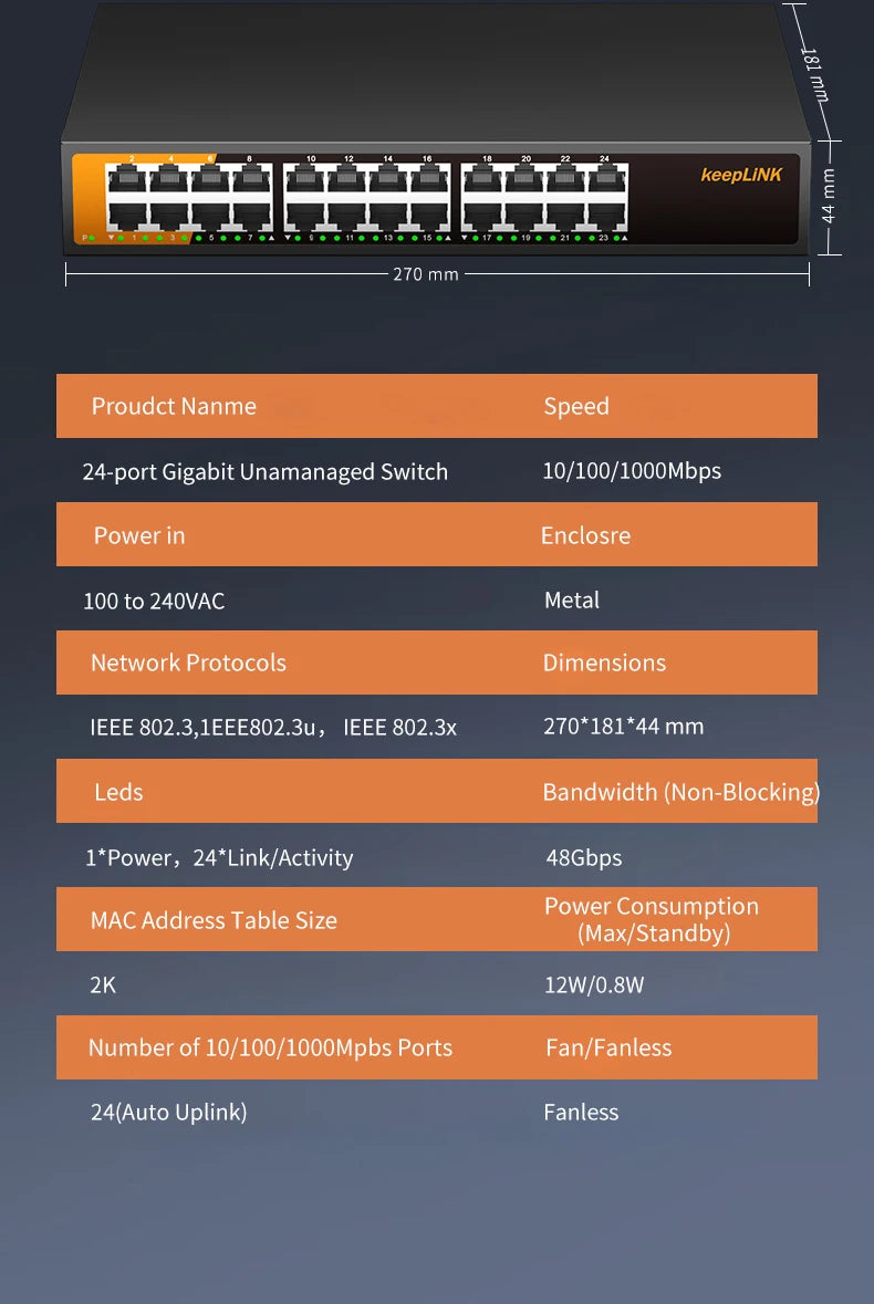 KeepLiNK 24-Port Gigabit Ethernet Switch Unmanaged Plug and Play