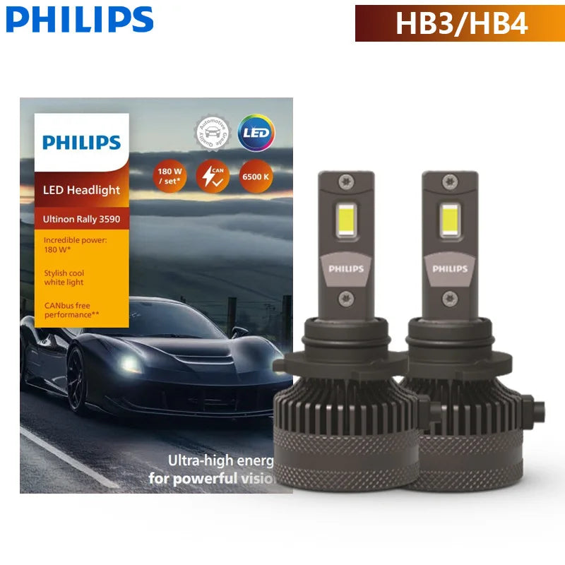 Philips Ultinon Rally 3590 LED H4 H7 H11 HB3 HB4 HIR2 180W Power Bright Car Headlight 6500K White Max  Lumen Watt LED Bulbs