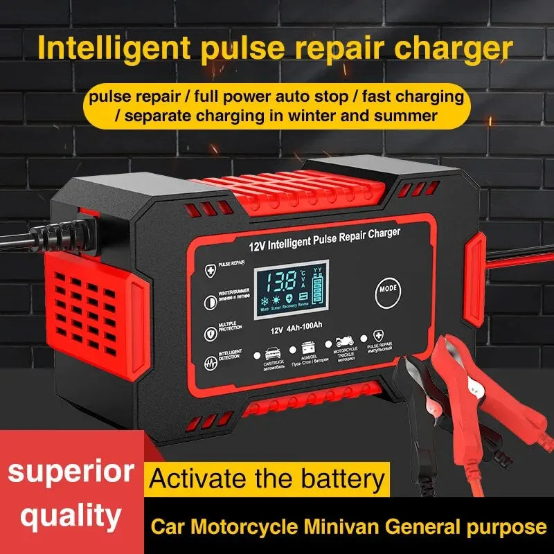 1 Set 12V6A Battery Charger Car/Motorcycle Charger Digital Display Suitable for Lead Acid Batteries EU Plug Reverse Protection