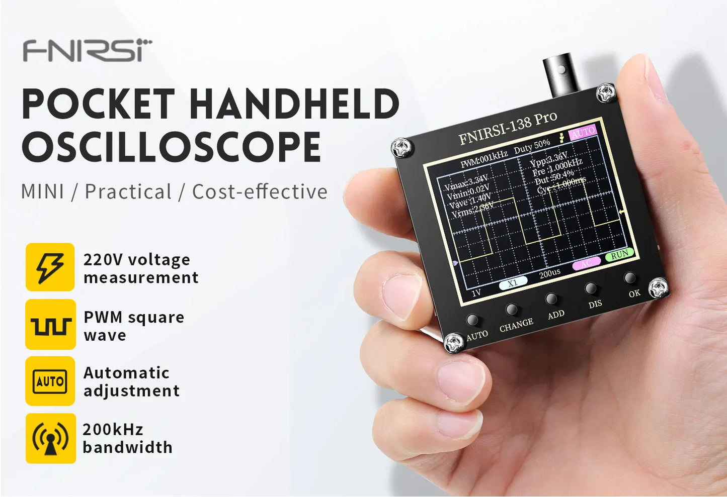 FNIRSI-138 PRO DSO152 Handheld Digital Oscilloscope 2.5MSa/s 200KHz Analog Bandwidth Support AUTO,80Khz PWM And Firmware Update