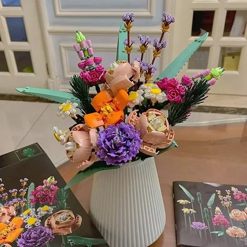 New 700+PCS Rose Blocks City Creative DIY Plant Desktop Decoration Building Blocks Girls Toys Model Classic Bricks Birthday Gift