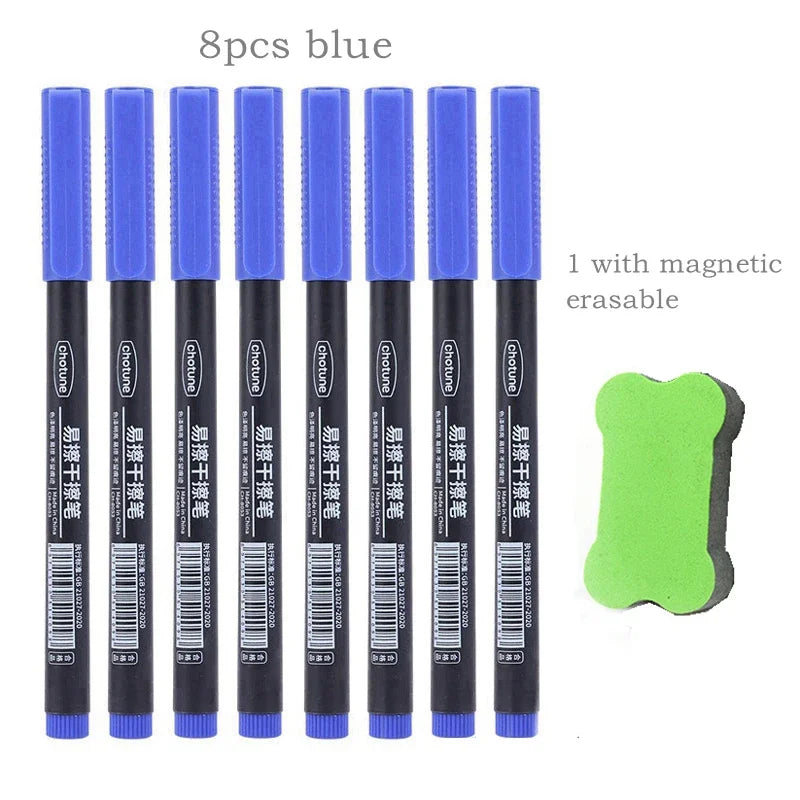 8pcs Erasable Whiteboard Pen 0.5mm Fine Point Black/Blue/Red Ink Blackboard Marker School Office Art Writing Stationery