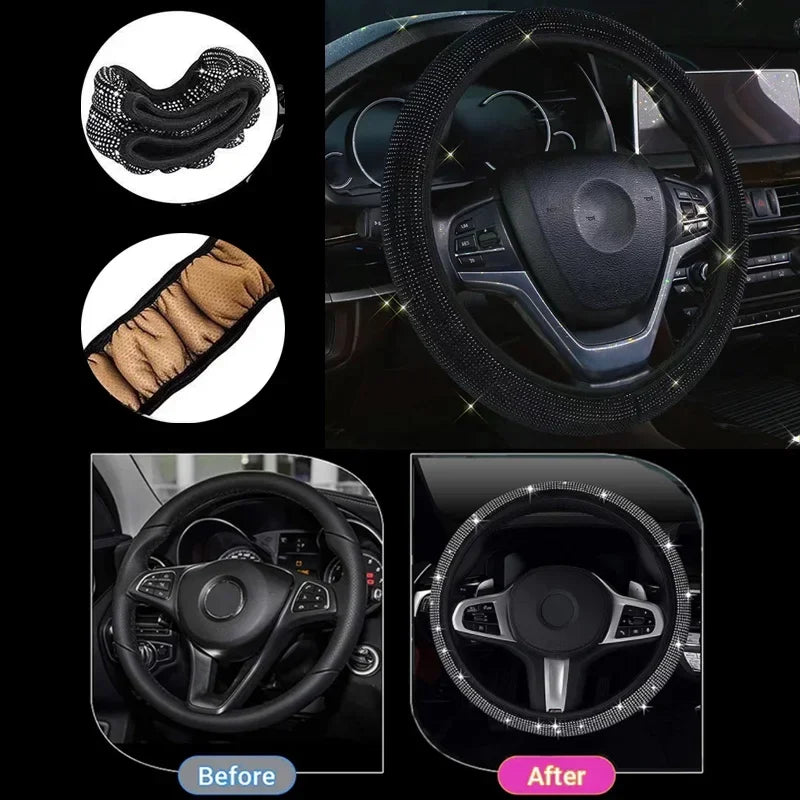 1/2Pcs Universal 38CM Rhinestones Steering Wheel Cover with Crystal Sparkling Car Breathable Anti-Slip Steering Wheel Protector