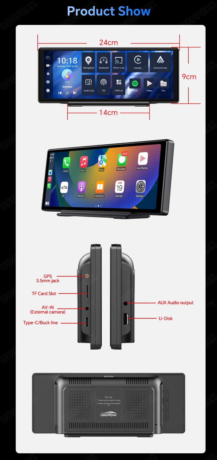 OBDPEAK T30 Car DVR Rearview Mirror Camera WIFI Android 12 Dash Cam GPS Navigation Carplay Android Auto Ai Screen Video Recorder
