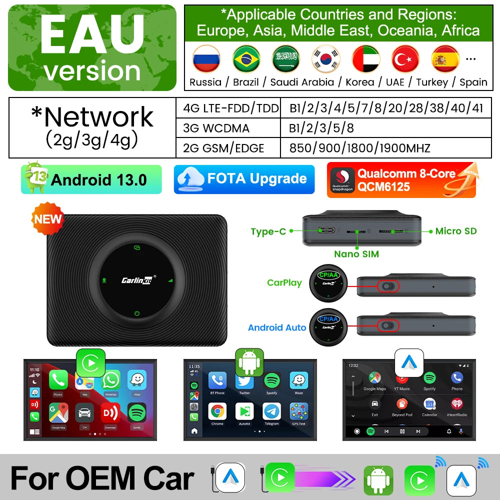 CarlinKit Wireless CarPlay Ai Box Android 13 Plus QCM6125 665 4GLTE for TV or Video Android Auto Car Play Streaming Box 8G+128G