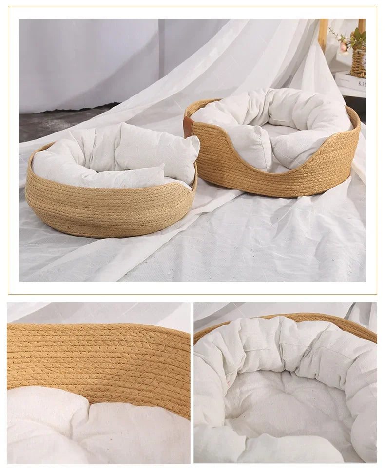 Woven Rattan Cat Basket Nesting Bed All-Season Cozy Kitten Lounger Cushion Scratching Board Detachable 2 in1 Cats Beds House