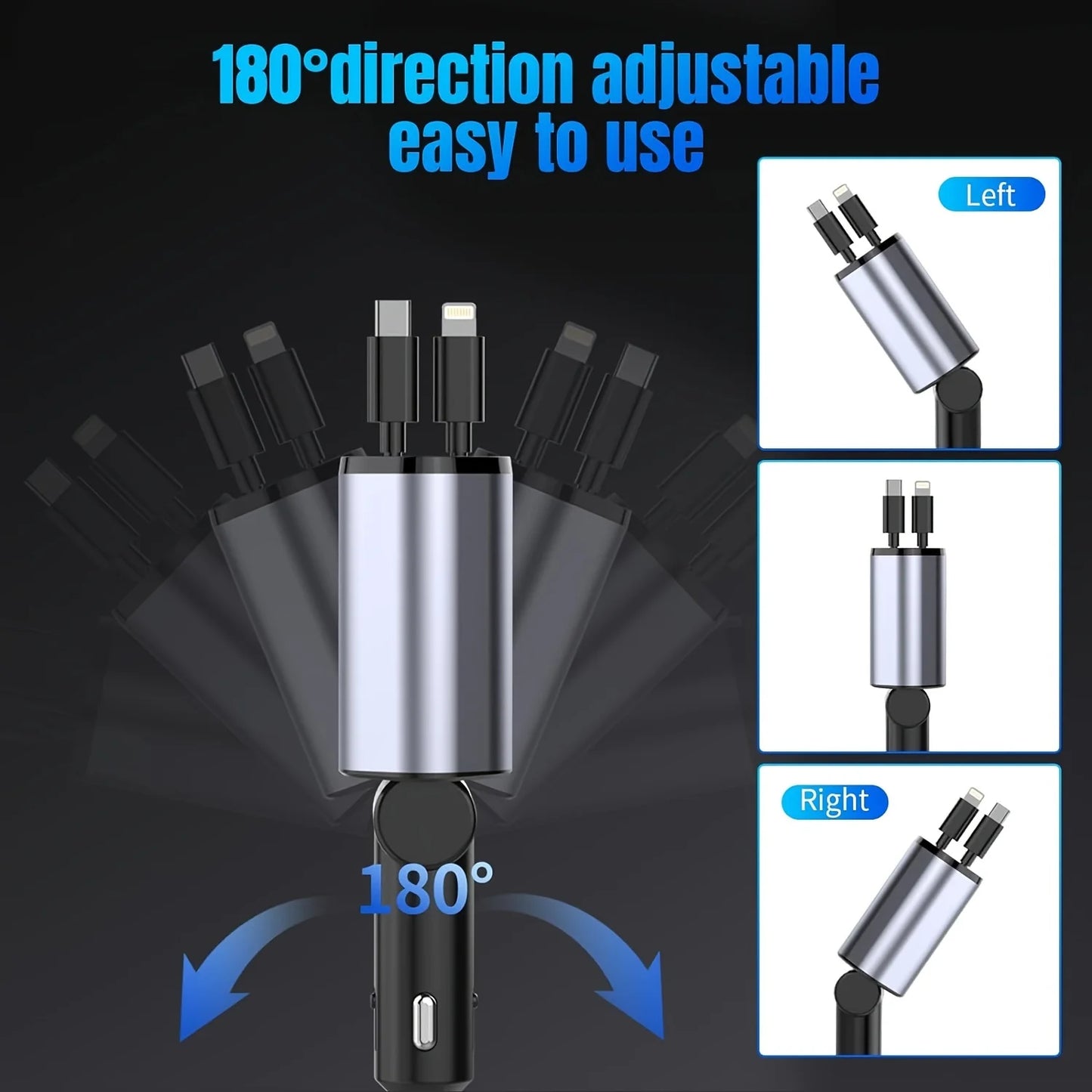 Retractable Car Charger, 4 in 1 Fast Charging Car Charger 120W, Retractable Cable and 2 USB Ports Car Charger Adapter Compatible