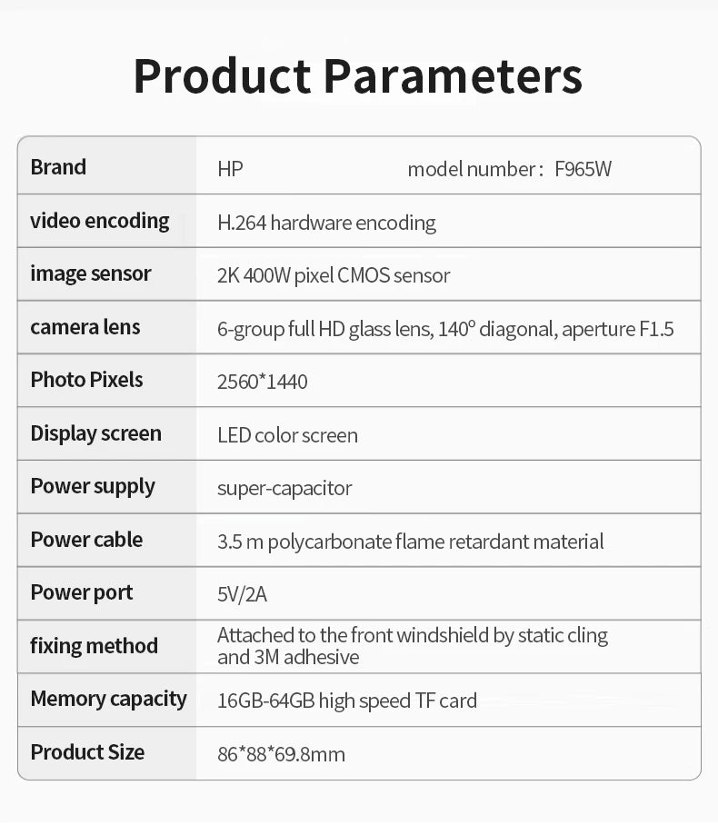 HP Car Recorder 2K 1440P Car Camera HD Night Vision Parking Monitoring Car WiFi Car DVR Video Loop Recording