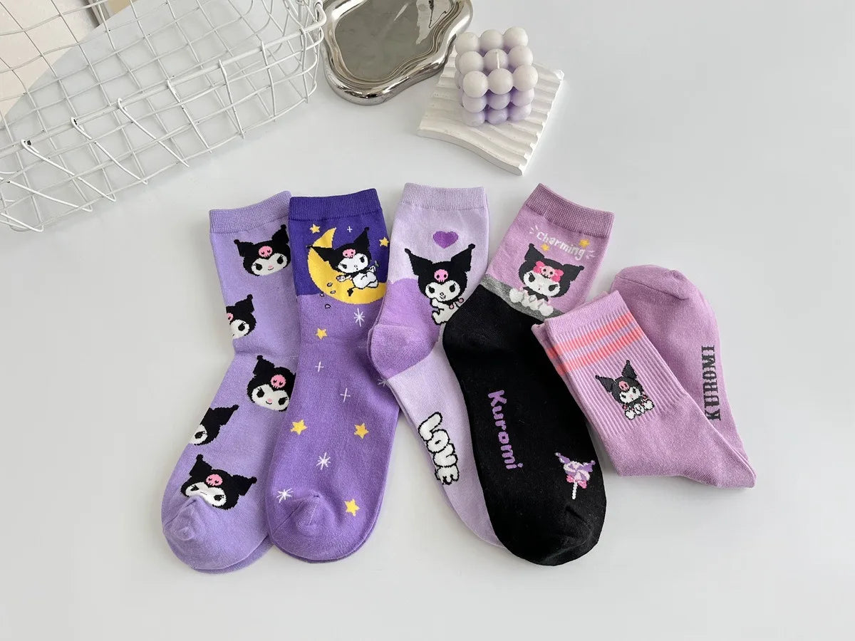 1/5 Pair of Fashionable and High Aesthetic Dreamy Party Sanrio Cute Cartoon Kawaii Purple Kuromi Women's Exquisite Stockings