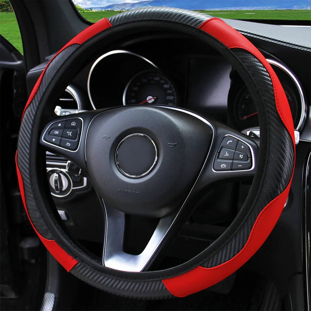 PU Carbon Fiber Leather Car Steering Wheel Cover Without Inner Ring Universal Suitable for 14.5-15 Inches of Automotive Supplies