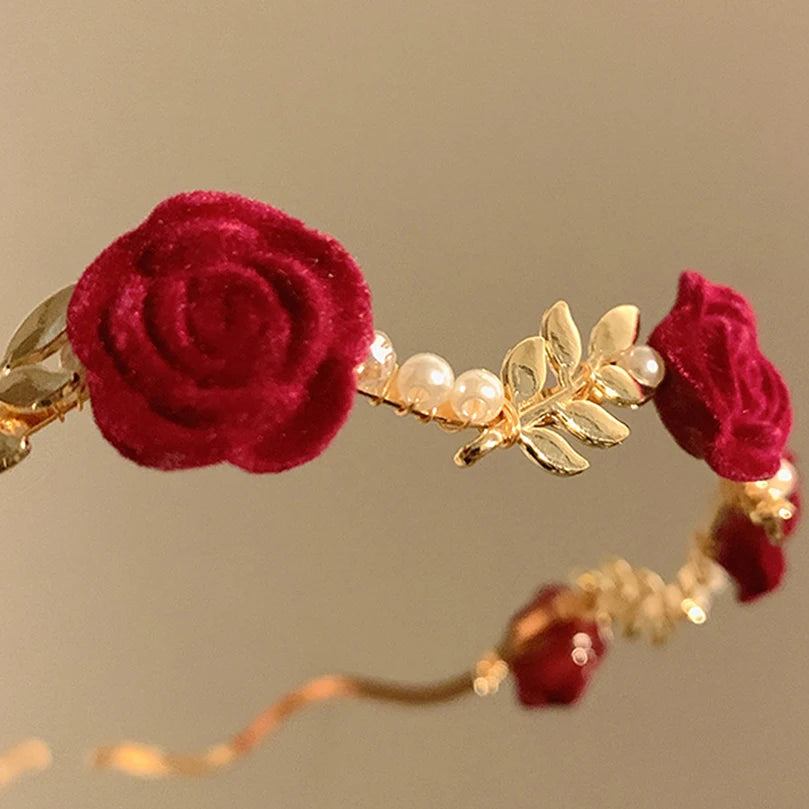 Ladies Elegant Rose Vine Headband Hair Accessories Headdress Girls Vintage Metal Flower Pearl Red Rose Tiara Hairbands