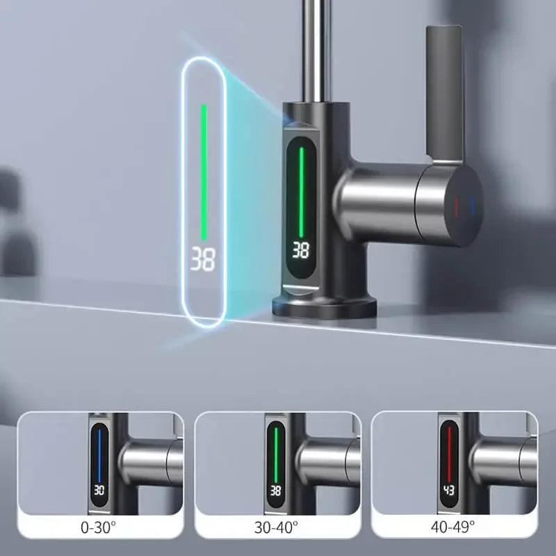 Temperature Digital Display Basin Faucet For Bathroom Pull Out Waterfall Stream 3 Way Sprayer Hot Cold Water Sink Mixer Wash Tap