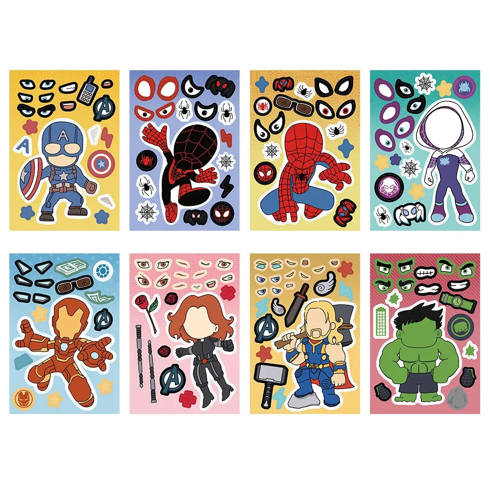 8/16Sheets Disney Marvel Spiderman Iron Man Stickers Make a Face Game Sticker Kids DIY Notebook Children Assemble Jigsaw Toys