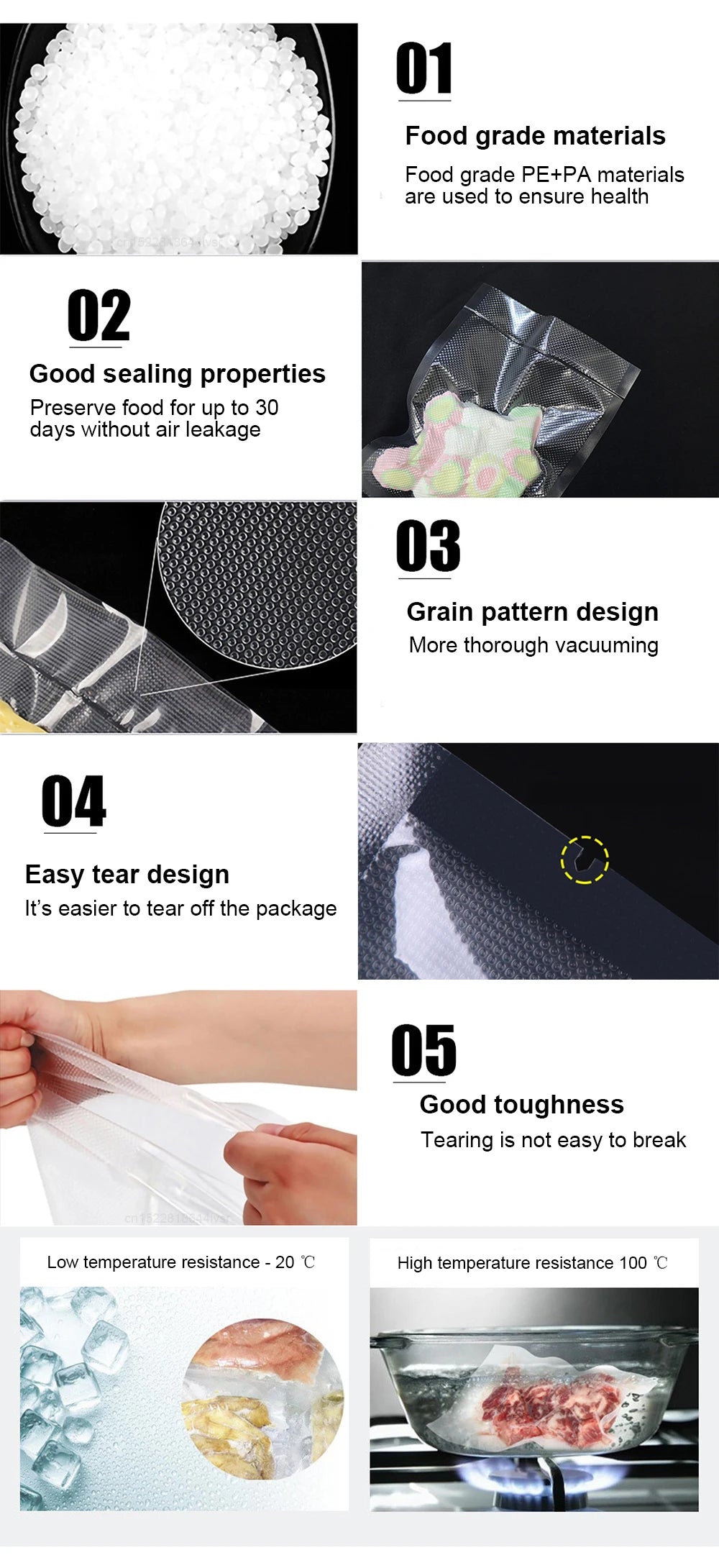 Vacuum Packaging Bags for Food 100pcs Food Storage Vacuum Bags for Vacuum Sealer Machine Food Fresh Long Keeping Empty Bags