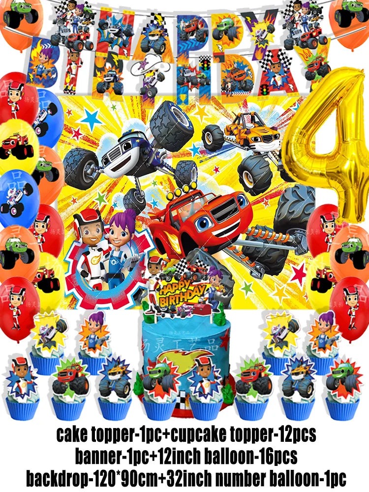 Blaze Monster Machines Theme Birthday Party Supplies Decor Cartoon Truck Balloon Banner Backdrops Cupcake Topper for Kids Gifts