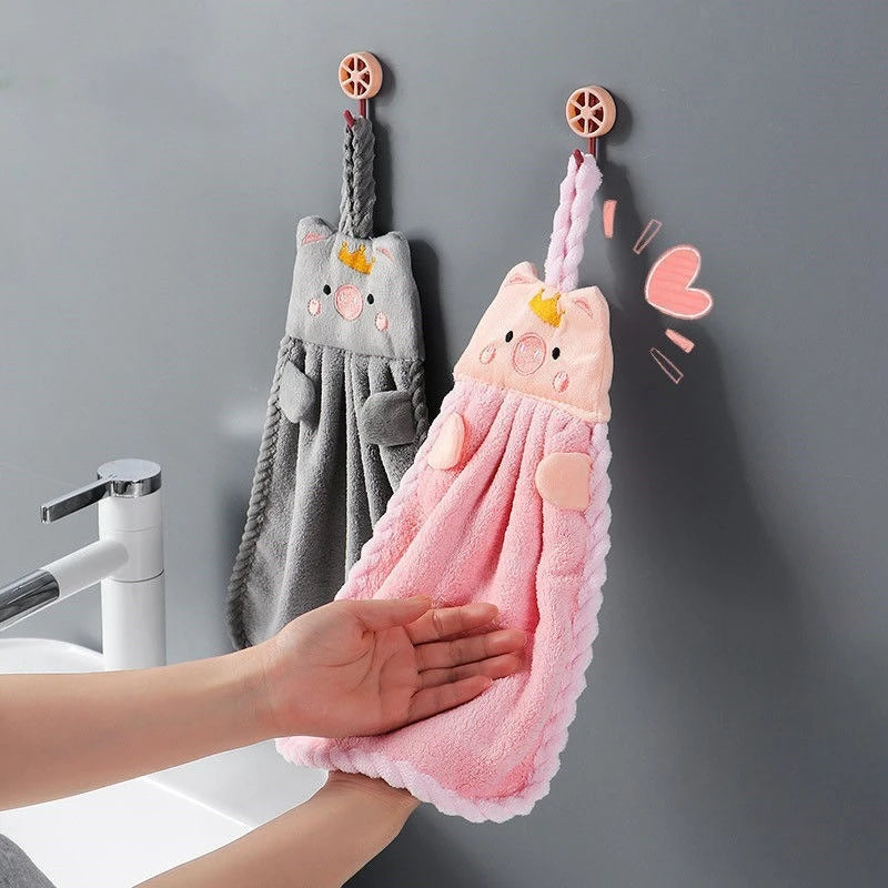 Soft Coral Velvet Hanging Towel with Adorable Piggy Embroidery for Bathroom Kitchen Dishwashing Handkerchief Cloth