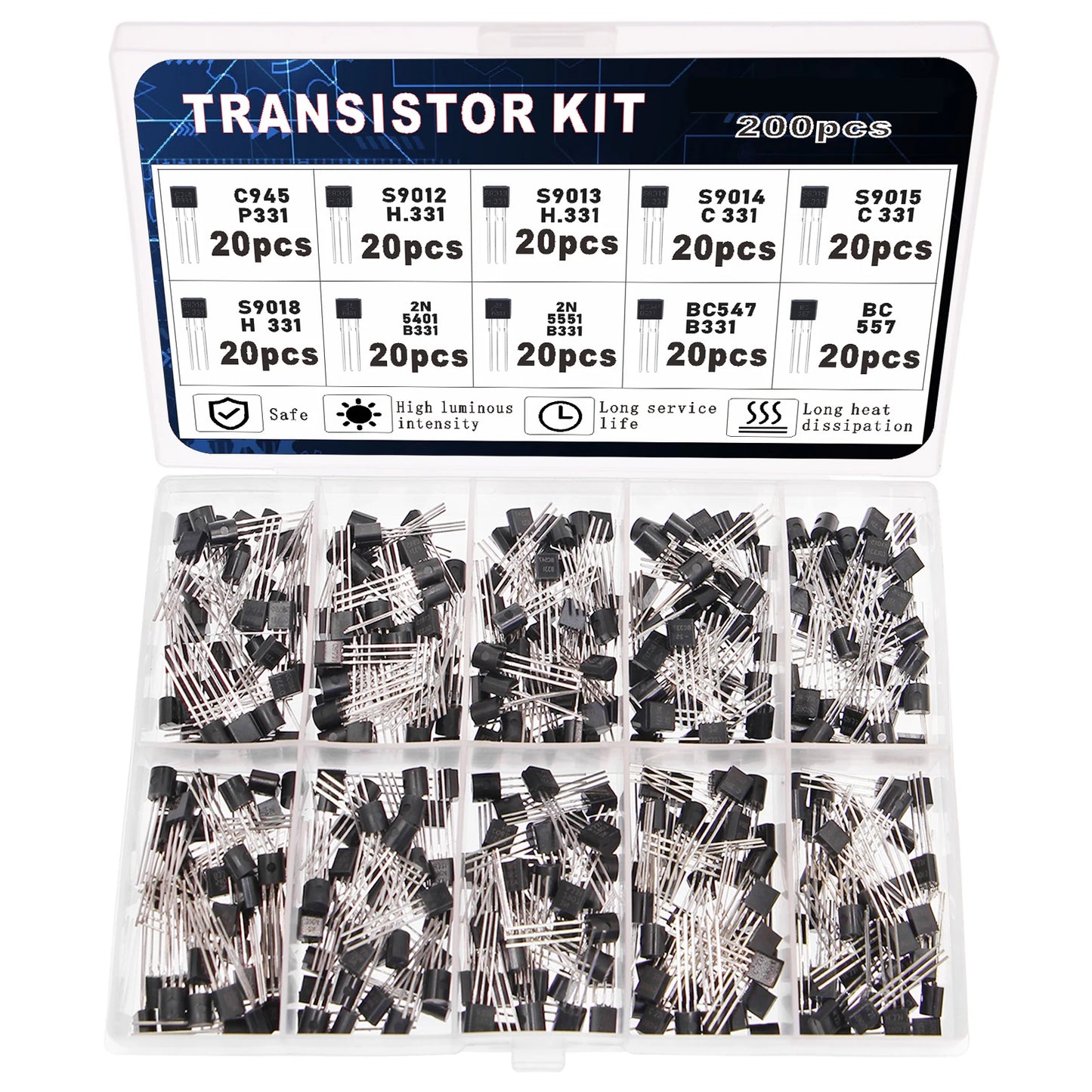 200pcs BJT Transistor Kit 10 Values A1015 BC327 BC337 C1815 S8050 S8850 2N2222 2N2907 PNP NPN Bipolar Power Transi