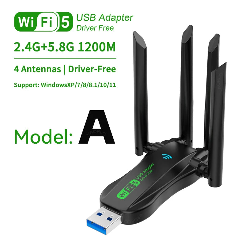 Dual Band 1200Mbps WiFi USB Adapter 2.4G/5.8Ghz Wi-Fi5 Dongle 4 Antenna USB3.0 Wireless Receiver For PC/Laptop No CD Driver Free