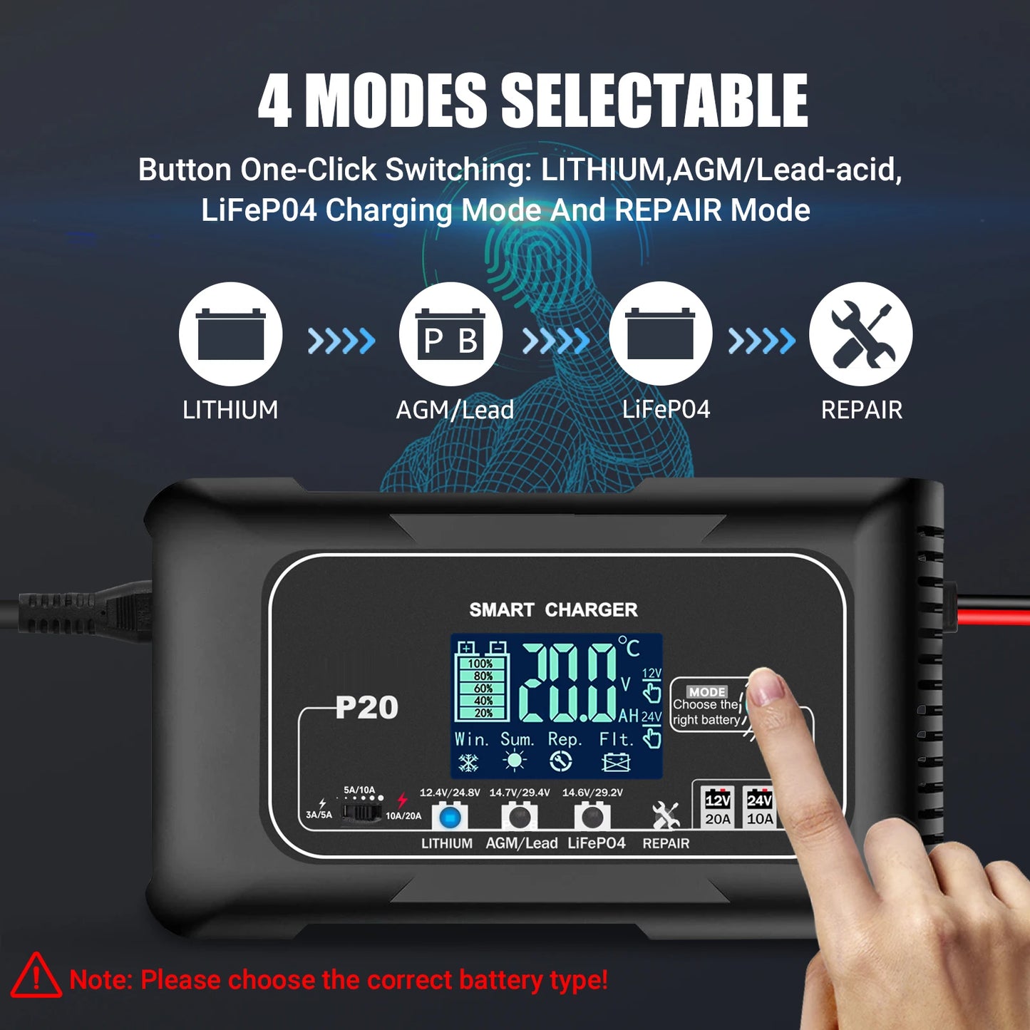 EAFC 10A/15A/20A Car Battery Charger 12V 24V Smart Charger for Lead-Acid PB AGM LiFePO4 Batteri Automatic Motorcycle Charger
