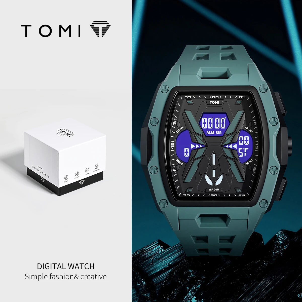 TOMI Sports Men Mecha Dual Display Watch, Analog Digital Dual Dial, Backlight Alarm Stopwatch, Hollow Breathable Silicone Strap