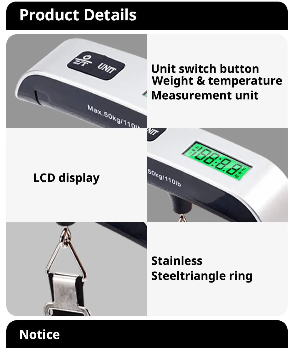 1pcs LCD Display 110lb/50kg Electronic Luggage Hanging Suitcase Travel Weighs Baggage Bag Weight Balance Portable Scale Digital
